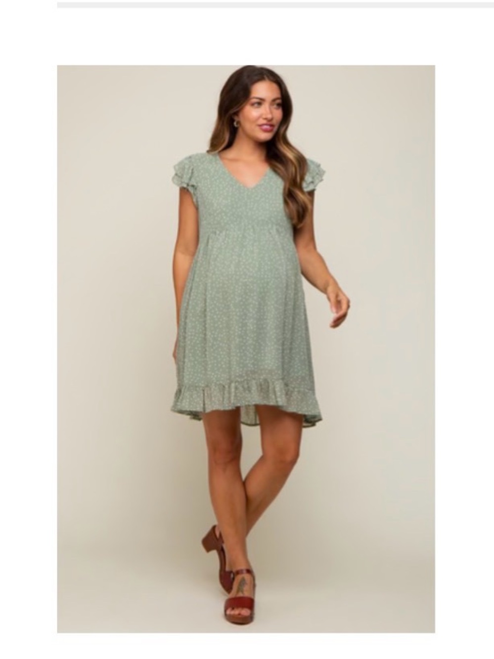 Women's Sage Green Polka Dot Ruffle Dress with Layered Flutter Sleeve